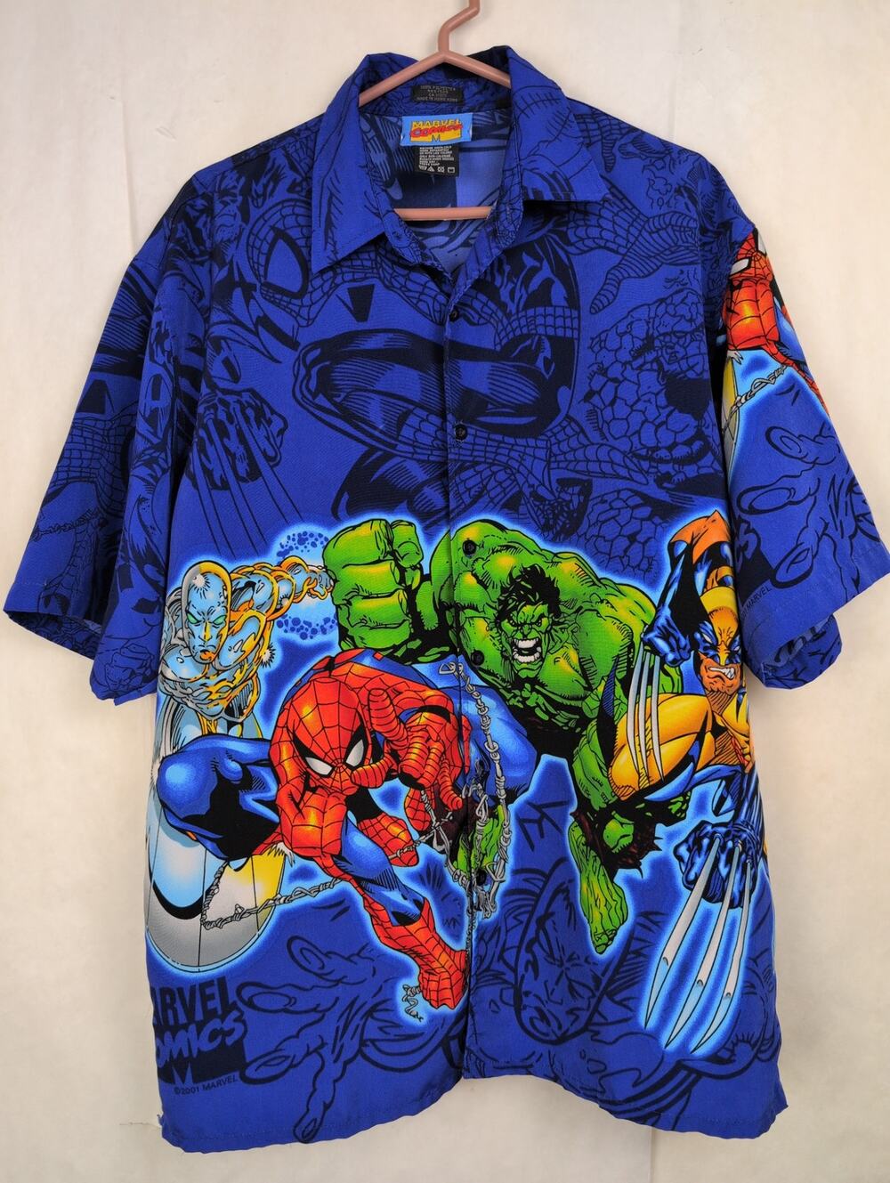 Vintage 2001 Marvel Comics blue button up shirt Size Large Fangear Collector Y2K